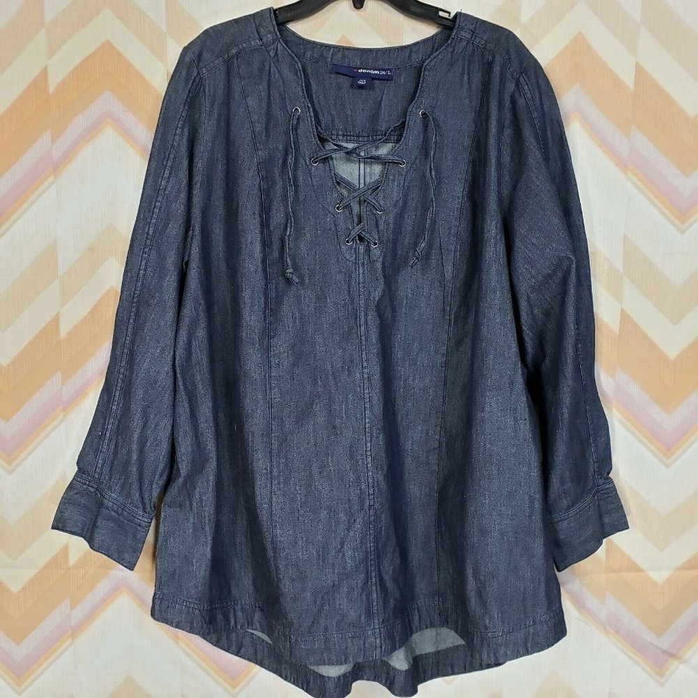 Jean blue denim lace up tunic blouse Long sleeve cotton